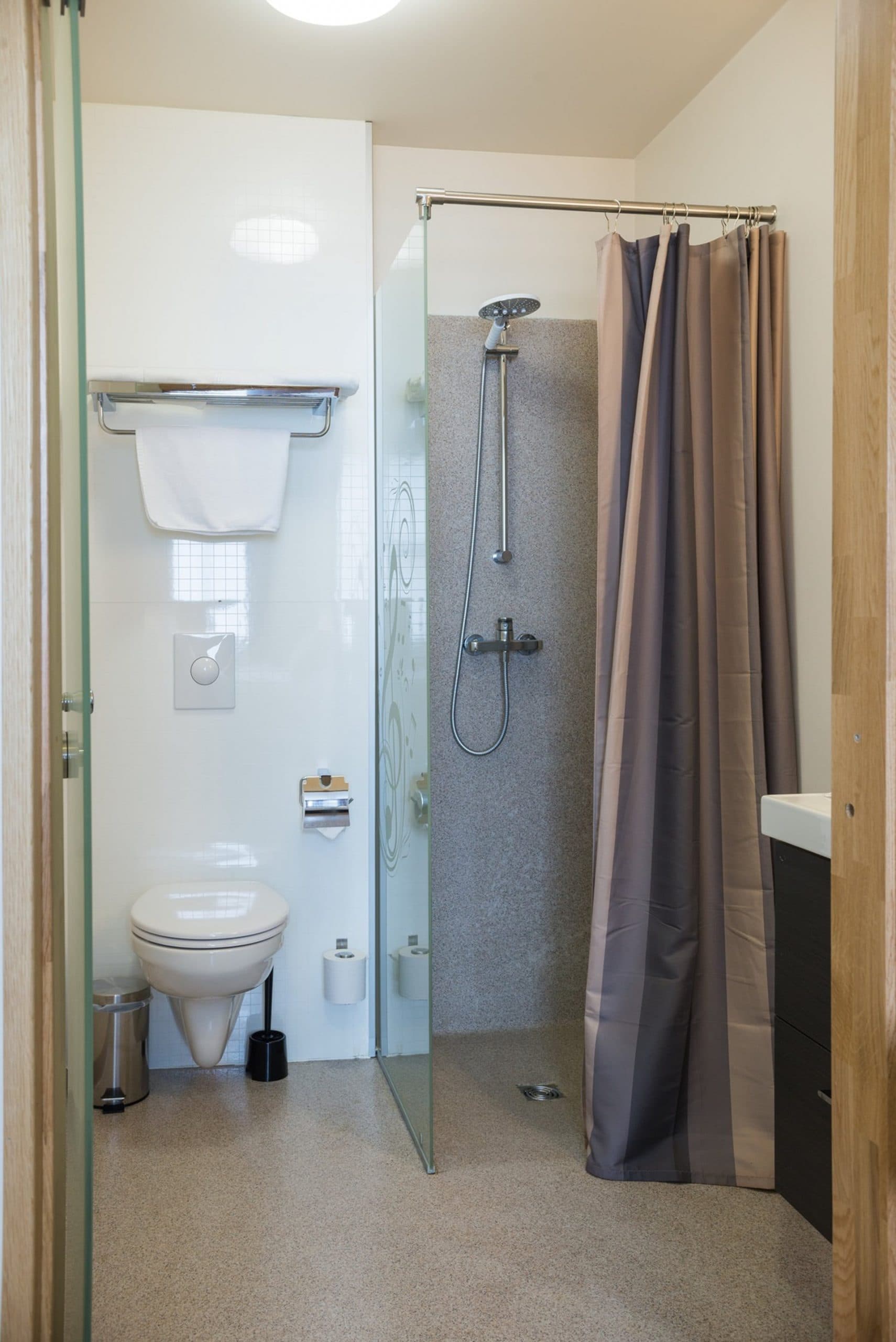 Bathroom with a walk in shower and a towel rail